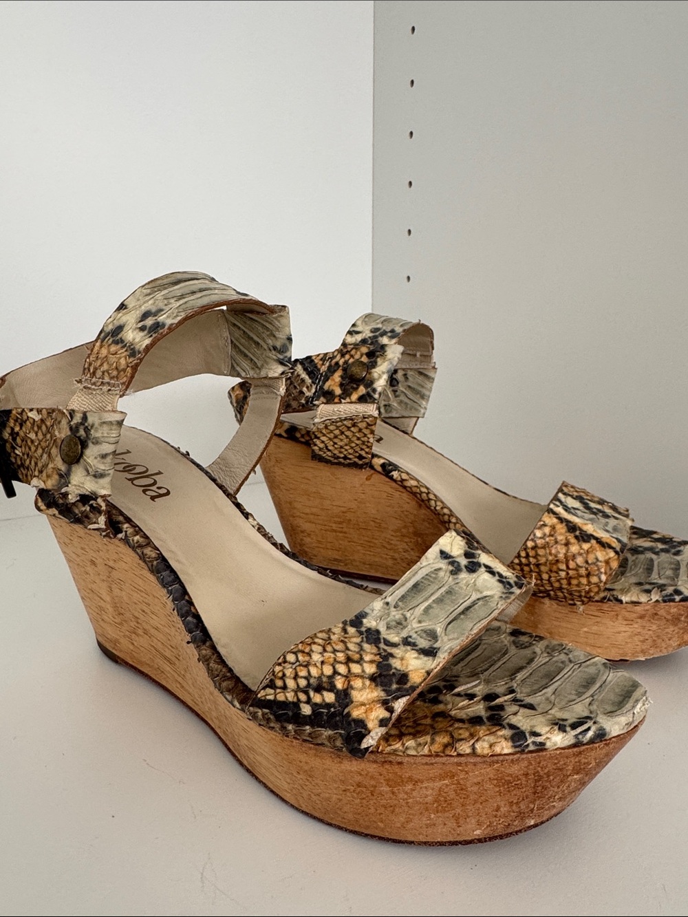 Vintage Kooba Tan and Cream Snake-Print Wedge Sandals